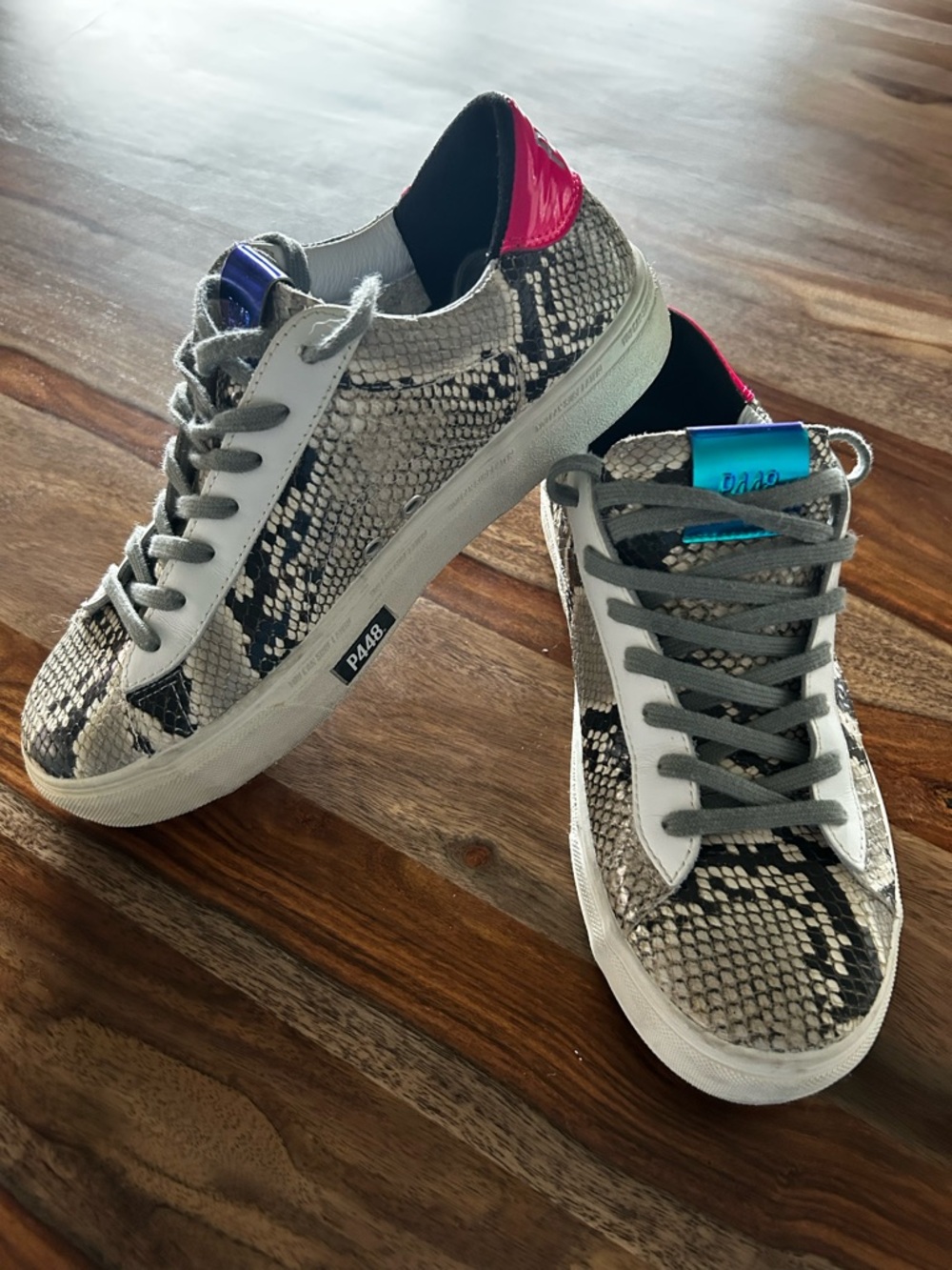 John P448 Python Snake Print Low Tops /Pink Heel Tabs and Metallic Blue Tongue.